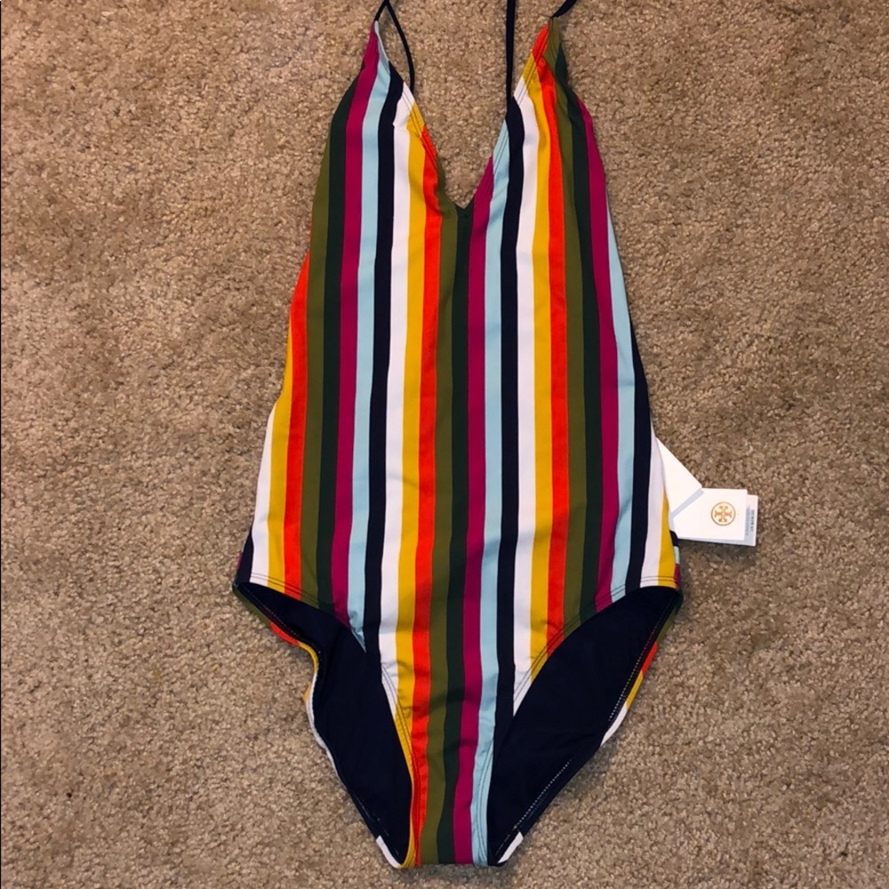 Tory Burch Striped open cris cross back one piece